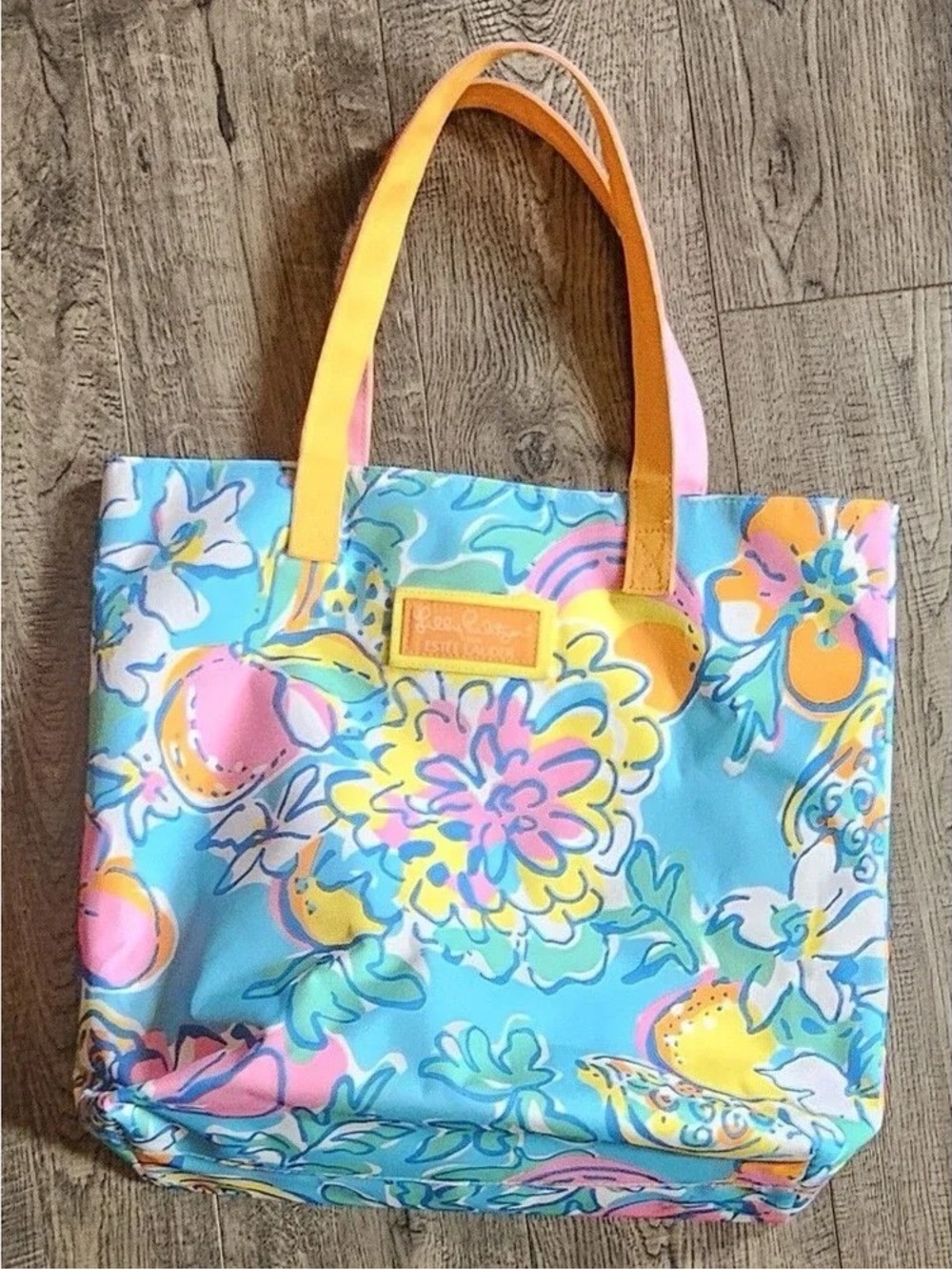 Lilly Pulitzer Aqua Floral Tote with Yellow Handles